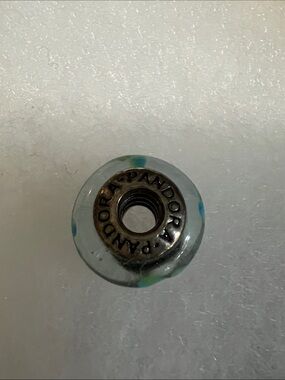 Pandora Pale Blue Murano glass  Charm with Aqua & Green Flowers